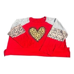 Size 5XL Red Leopard Print Heart Holiday Striped Long Sleeve T-shirt NEW